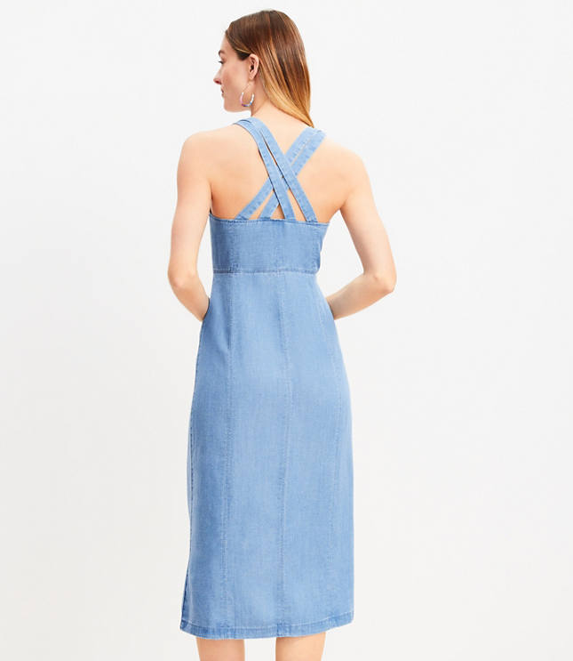 Chambray Crossover Back Button Midi Dress