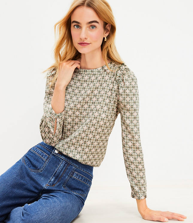 Geo Satin Shoulder Ruffle Blouse