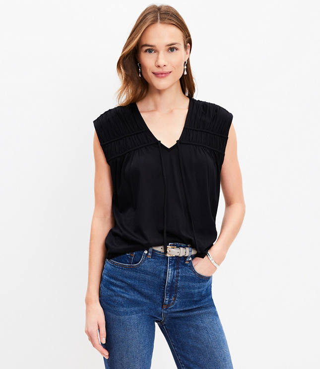 Shirred Tie Neck Top - Black