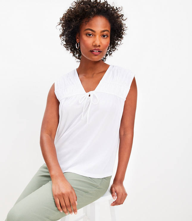 Shirred Tie Neck Top - White