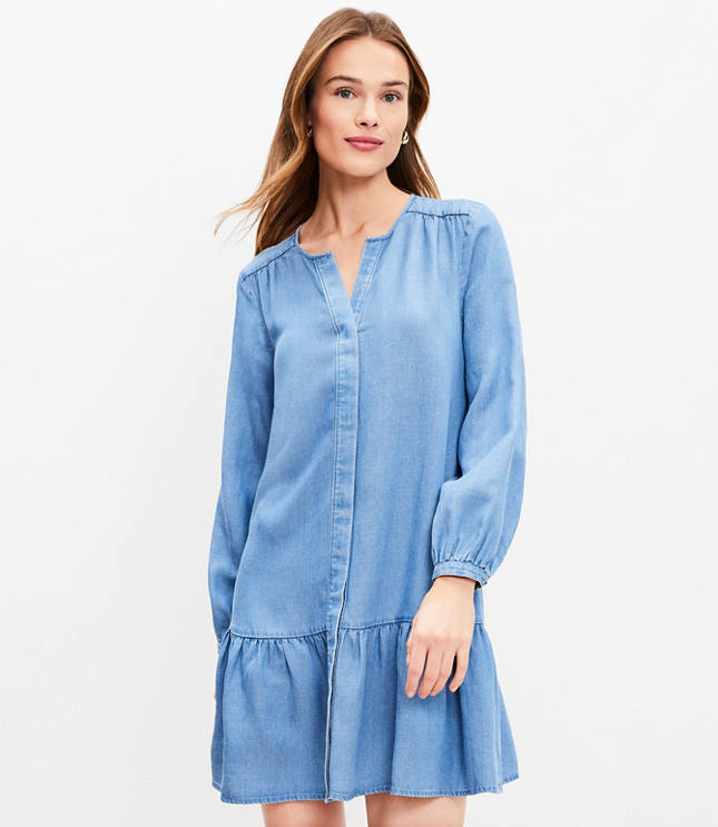 Chambray Ruched Flounce Swing Dress