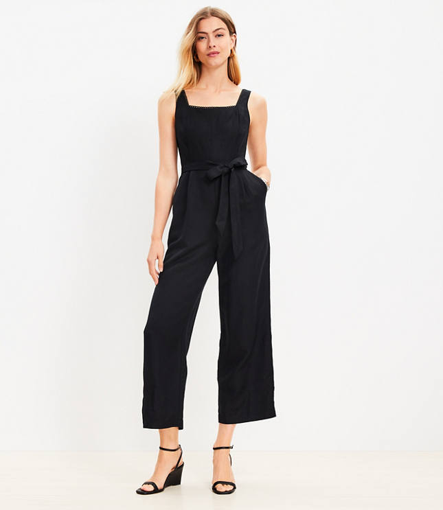 Scalloped Linen Blend Square Neck Jumpsuit