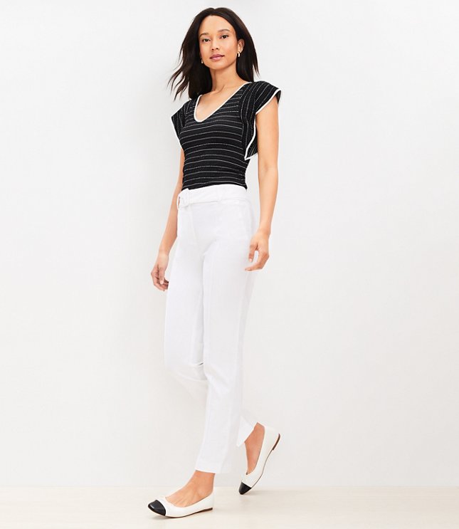 Pintucked Belted Slim Pants in Stretch Linen Blend
