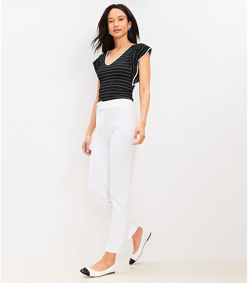 Pintucked Belted Slim Pants in Stretch Linen Blend