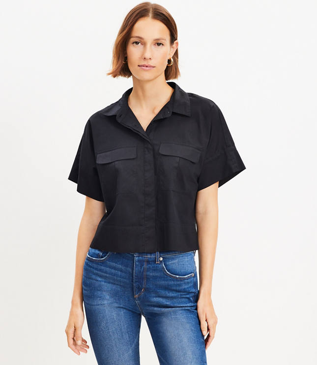 Cotton Blend Modern Drop Shoulder Pocket Shirt - Black