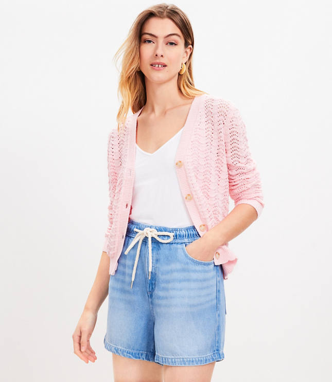 High Rise Drawstring Denim Shorts Light Wash