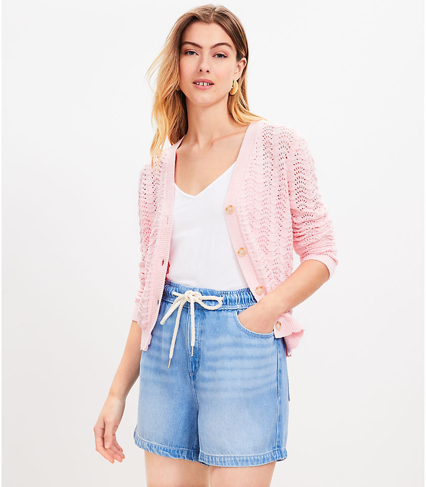 High Rise Pull On Denim Shorts in Light Wash