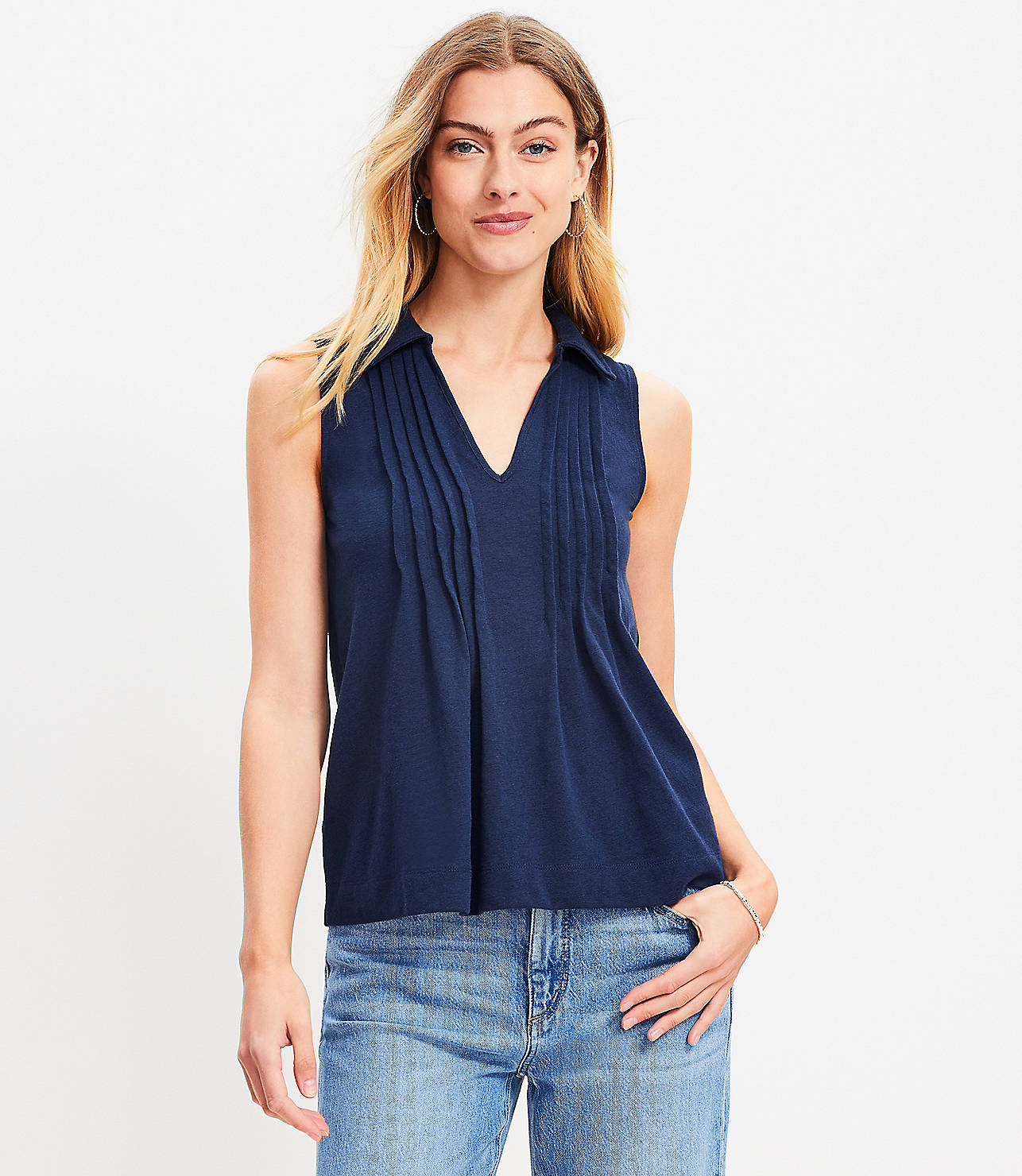 Pintucked Collared Tank Top