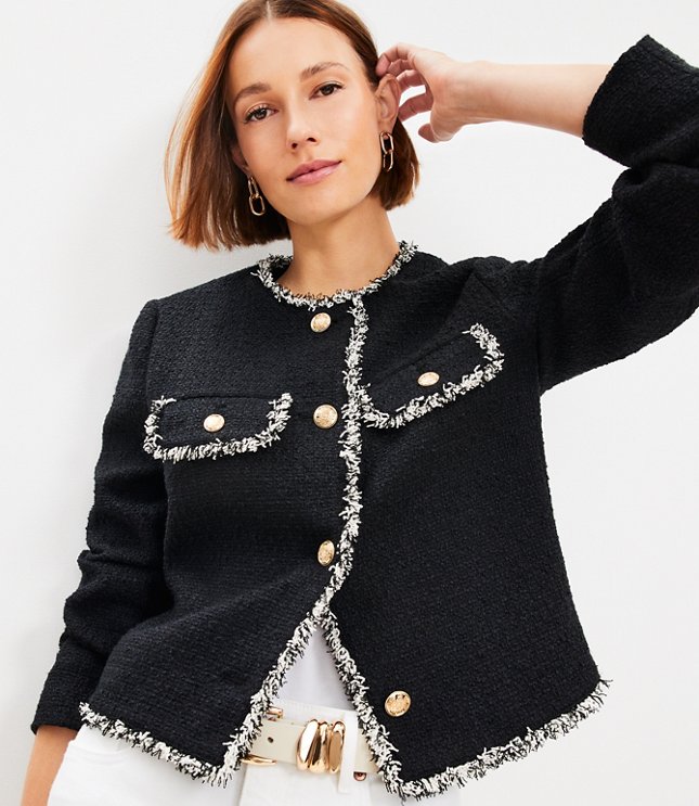 Faux leather + cropped tweed; Chanel-style jacket for petites