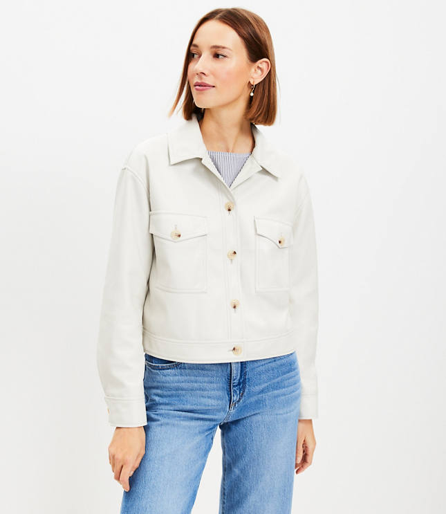 Petite Cropped Faux Leather Shirt Jacket