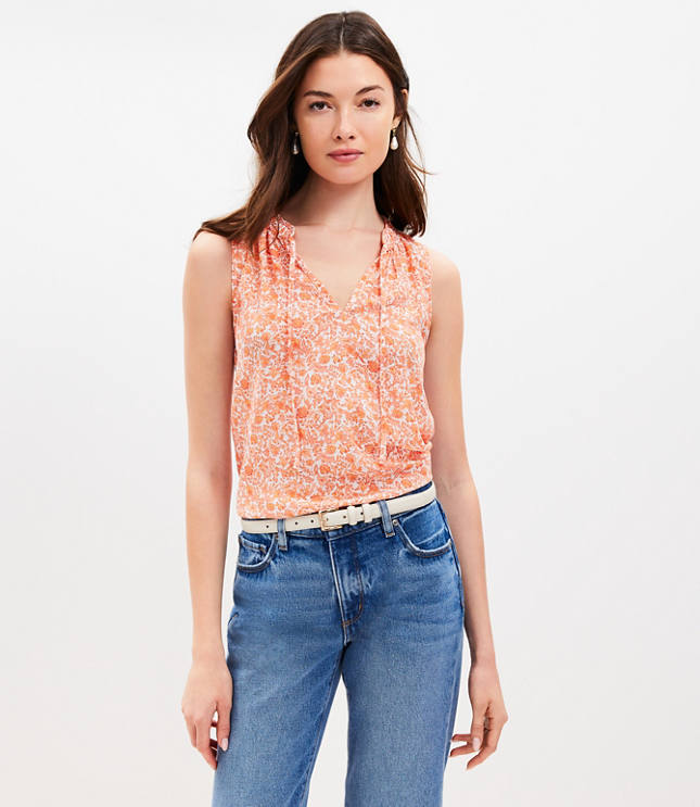 Jungle Shirred Tie Neck Mixed Media Shell 