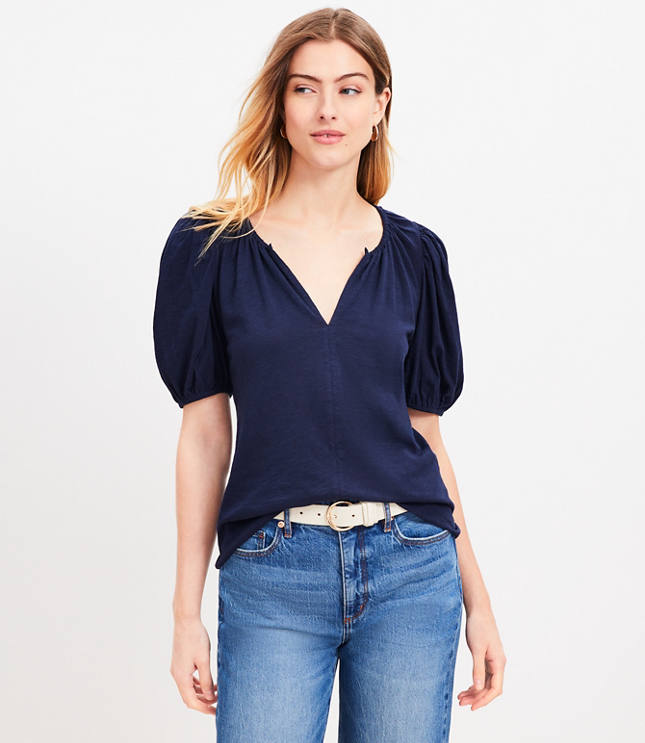 Puff Sleeve Split Neck Top