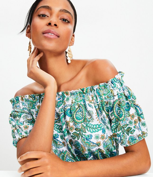 Paisley Crinkle Jacquard Off The Shoulder Top