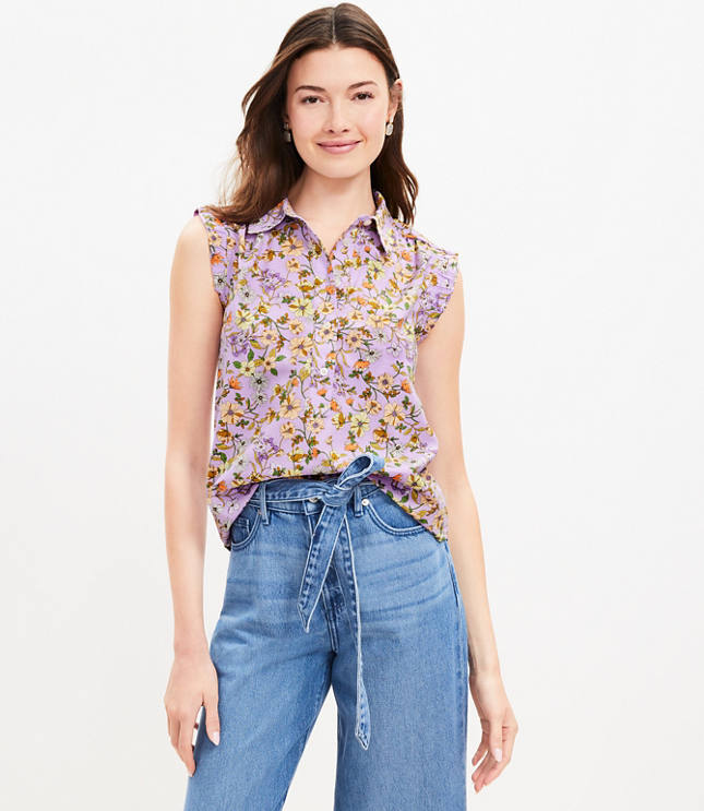 Floral Collared Ruffle Henley Top