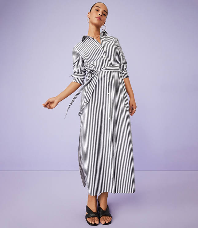 Striped Poplin Belted Pocket Shirtdress