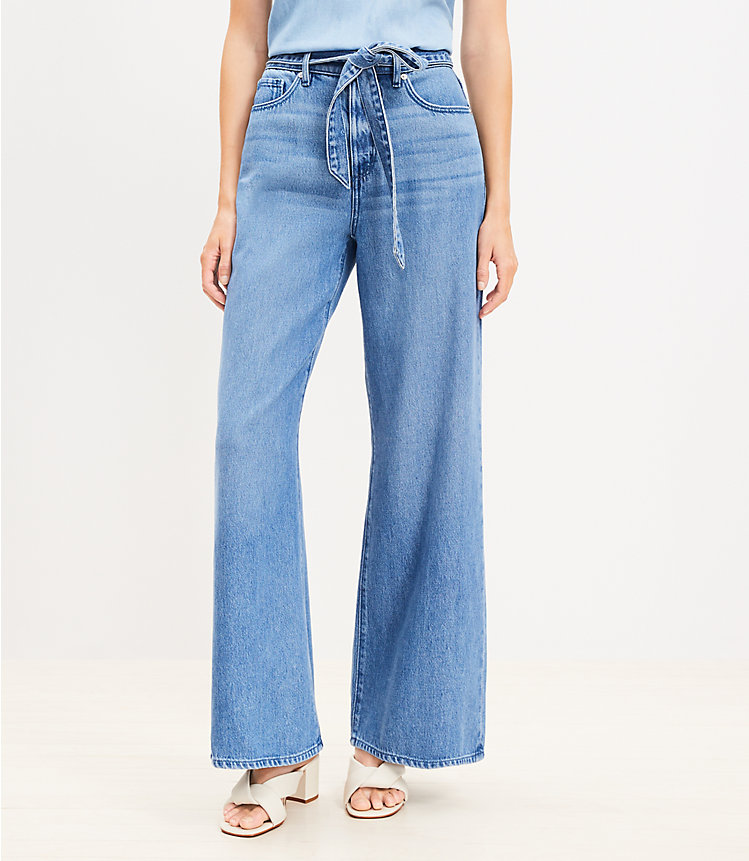 Petite High Rise Palazzo Jeans in Mid Indigo Wash image number 0