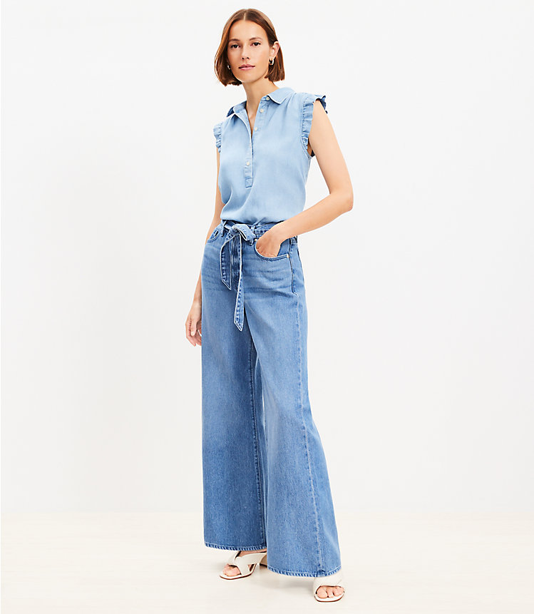 Petite High Rise Palazzo Jeans in Mid Indigo Wash image number 1