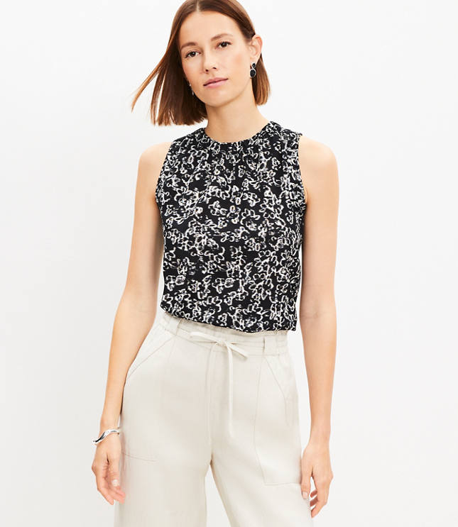 Petite Paisley Ruffle Yoke Tie Neck Top