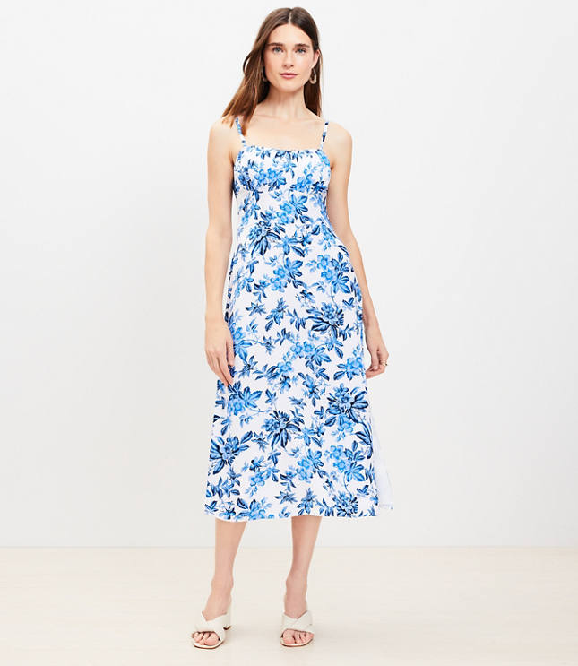 Vine Shirred Sweetheart Neck Midi Dress