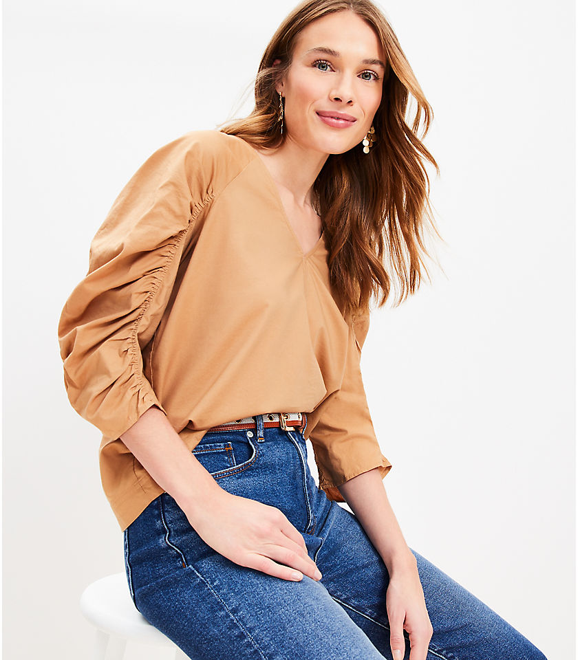 Petite Cinched Sleeve V-Neck Blouse