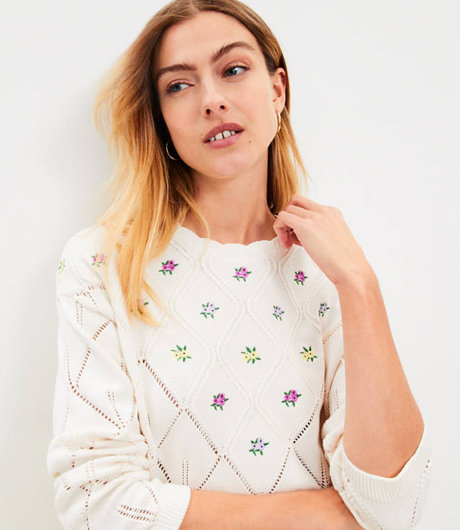 Floral Embroidered Pointelle Sweater - Whisper White