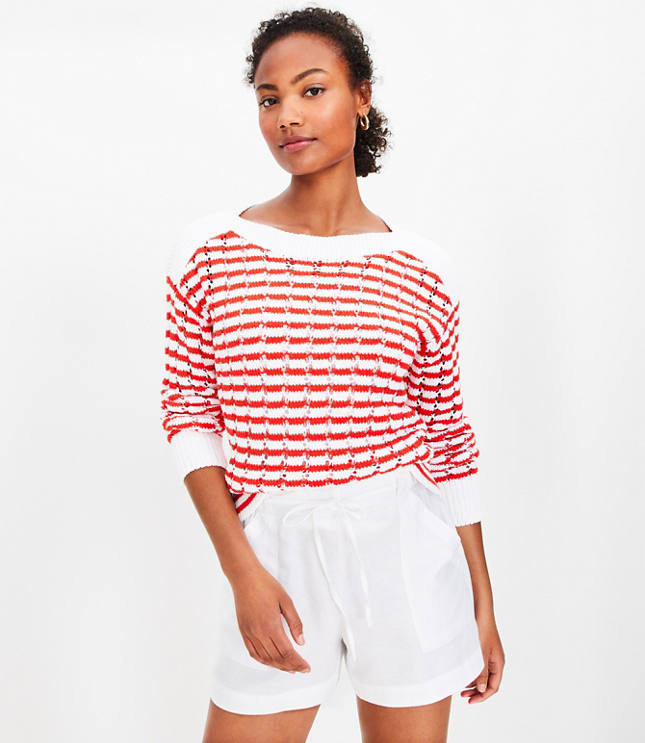 Petite Stripe Mesh Stitch Boatneck Sweater