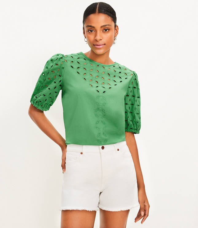 Petite Poplin Eyelet Puff Sleeve Blouse