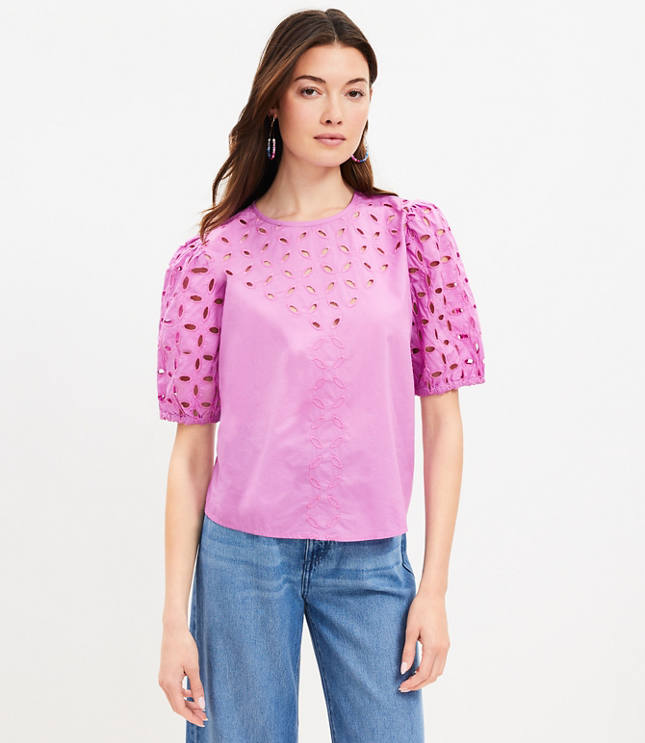 Petite Poplin Eyelet Puff Sleeve Blouse