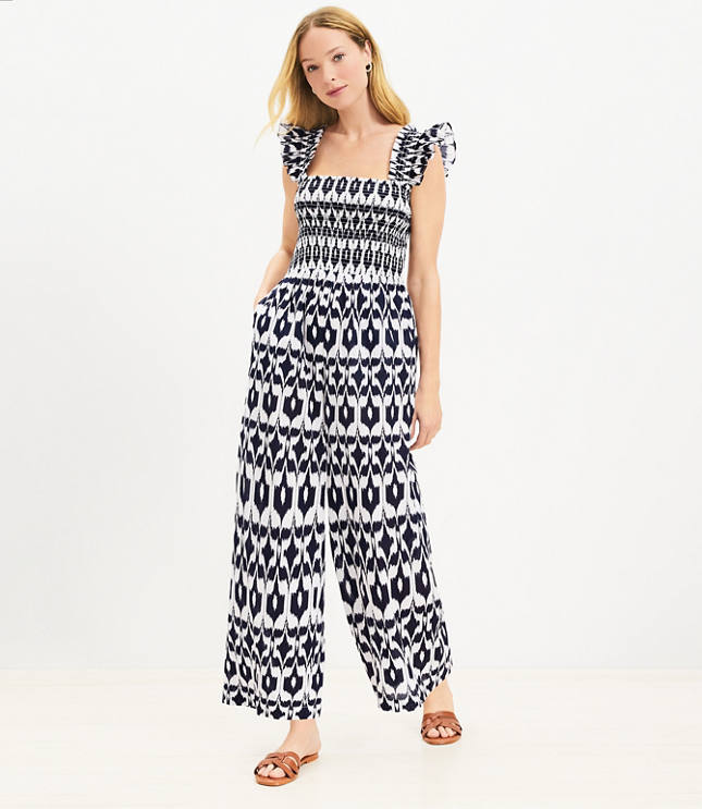 LOFT Beach Ikat Ruched Wide Leg Jumpsuit