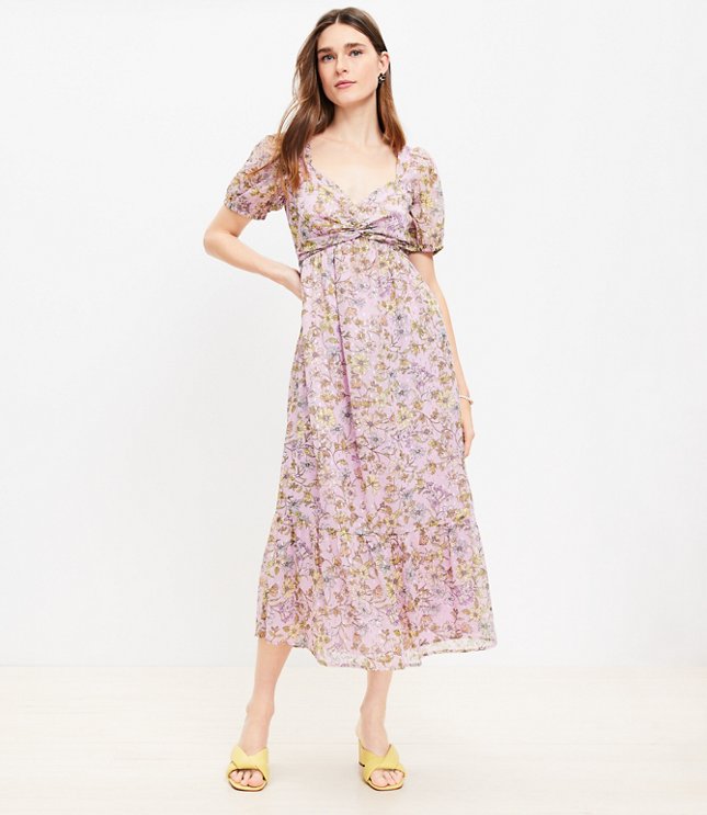 Floral Clip Knotted Balloon Sleeve Midi Dress