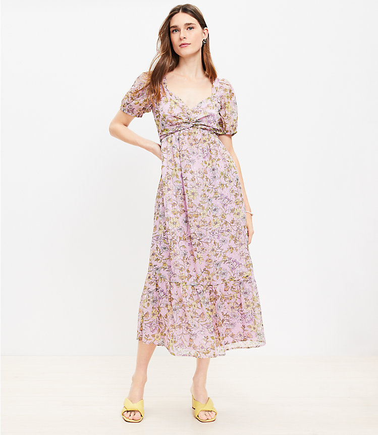 Floral Clip Knotted Balloon Sleeve Midi Dress image number 1