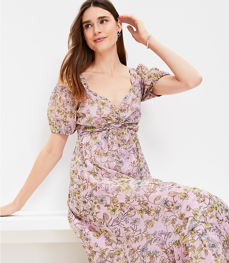 Floral Clip Knotted Balloon Sleeve Midi Dress image number 2