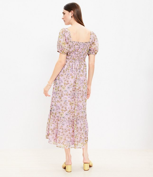 Floral Clip Knotted Balloon Sleeve Midi Dress