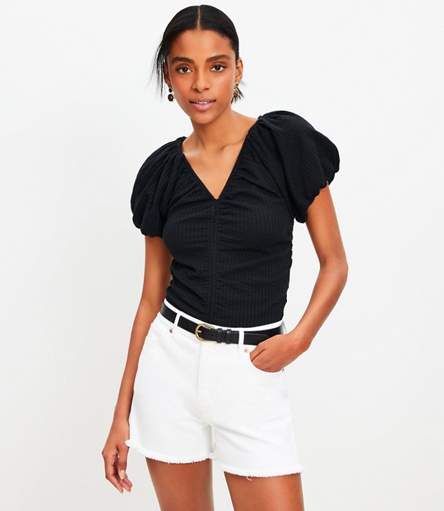 トップス bm Seersucker Cinched Bubble Sleeve Top