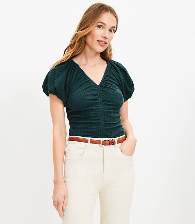 Seersucker Cinched Bubble Sleeve Top