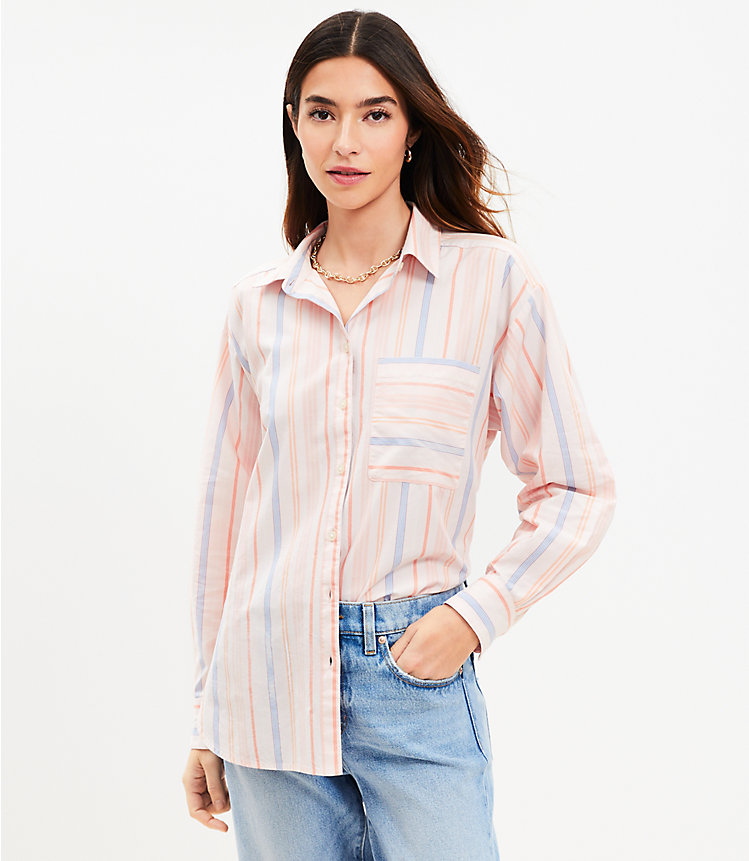Petite Striped Cotton Blend Oversized Shirt image number 0