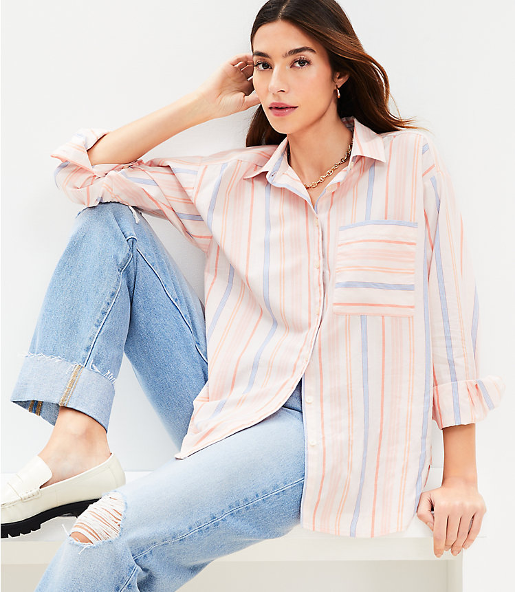 Petite Striped Cotton Blend Oversized Shirt image number 1