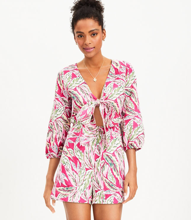 LOFT Beach Palm Tie Front Romper