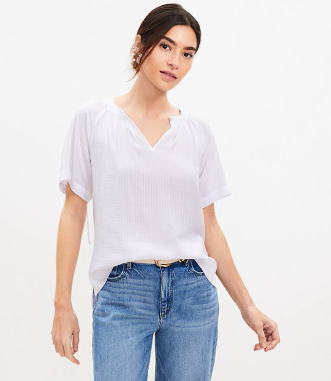 Twist Cuff Linen Blend Scoop Neck Tee