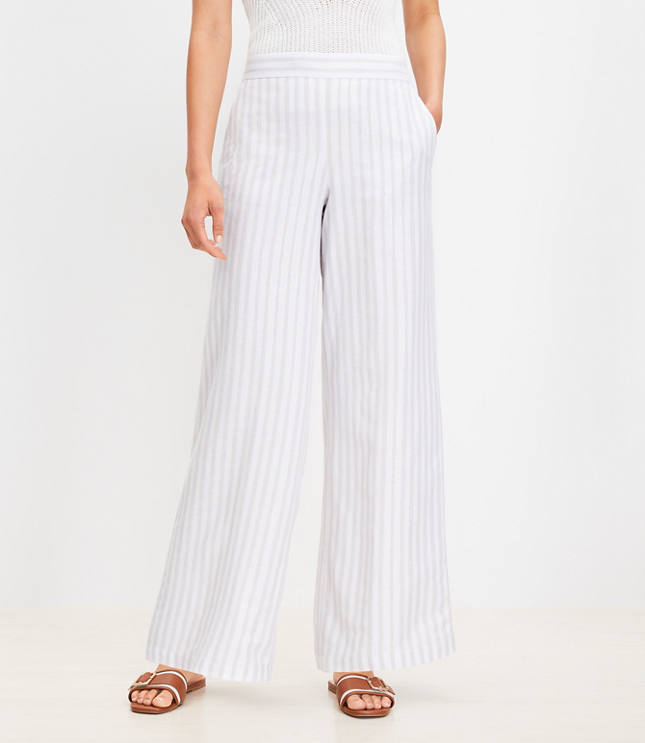 Tall Pull On Wide Leg Pants in Shimmer Stripe Linen Blend - White