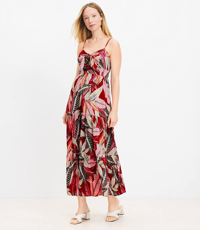 LOFT Beach Palm Tiered Tie Front Strappy Maxi Dress