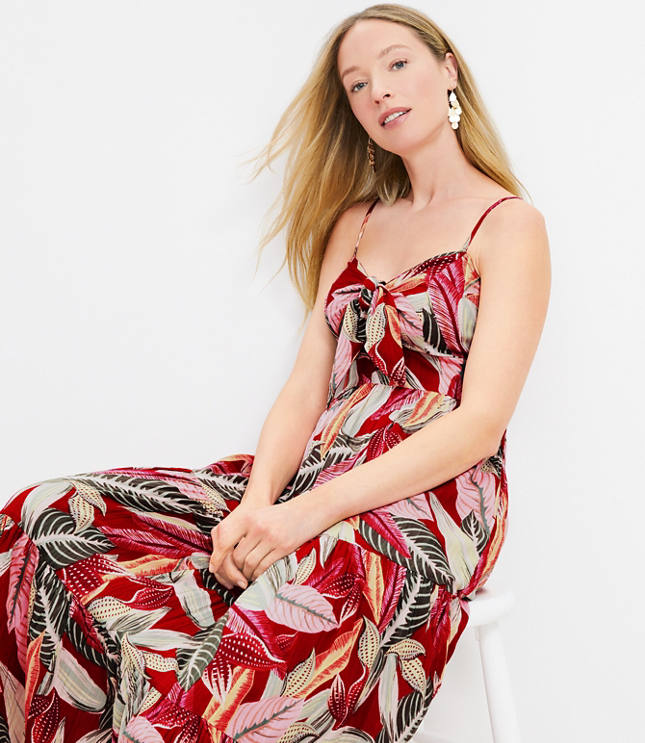 LOFT Beach Palm Tiered Tie Front Strappy Maxi Dress