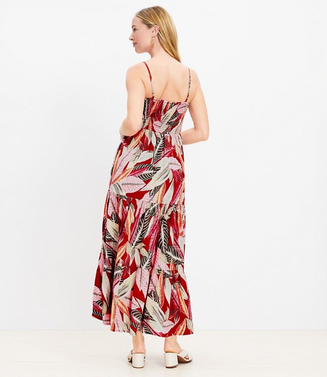 Petite LOFT Beach Palm Tiered Tie Front Strappy Maxi Dress