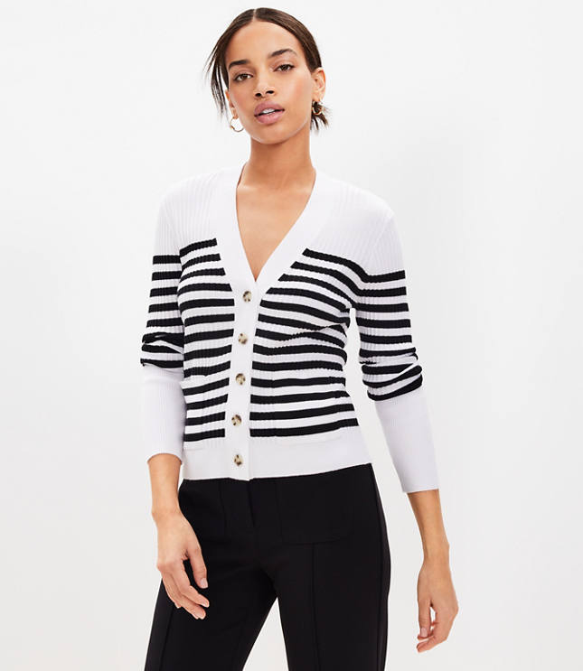 Petite Stripe Mixed Ribbed Pocket V-Neck Cardigan