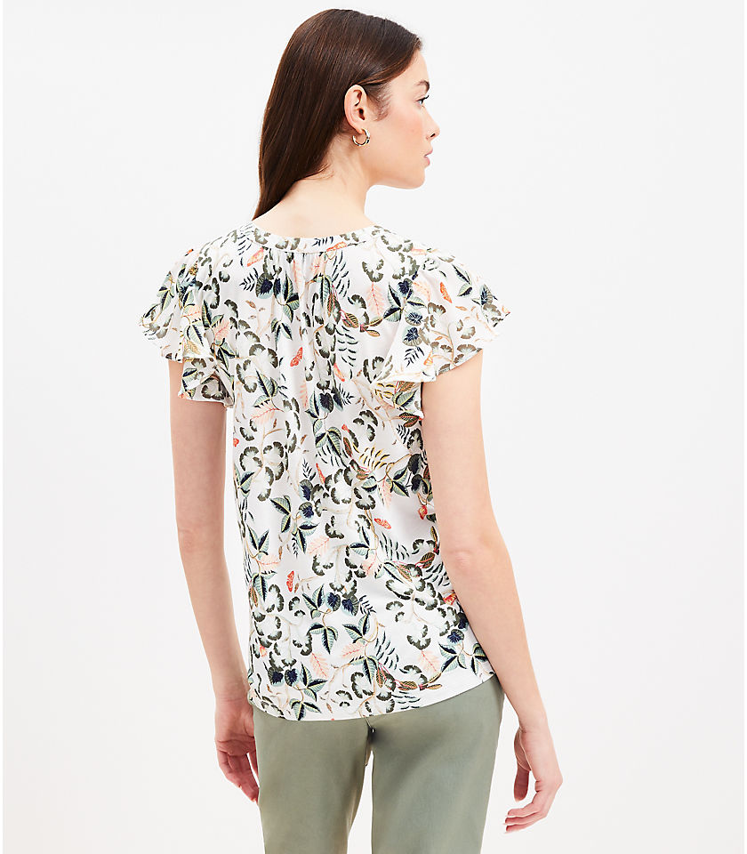 Leafed Flutter Sleeve Mixed Media Top