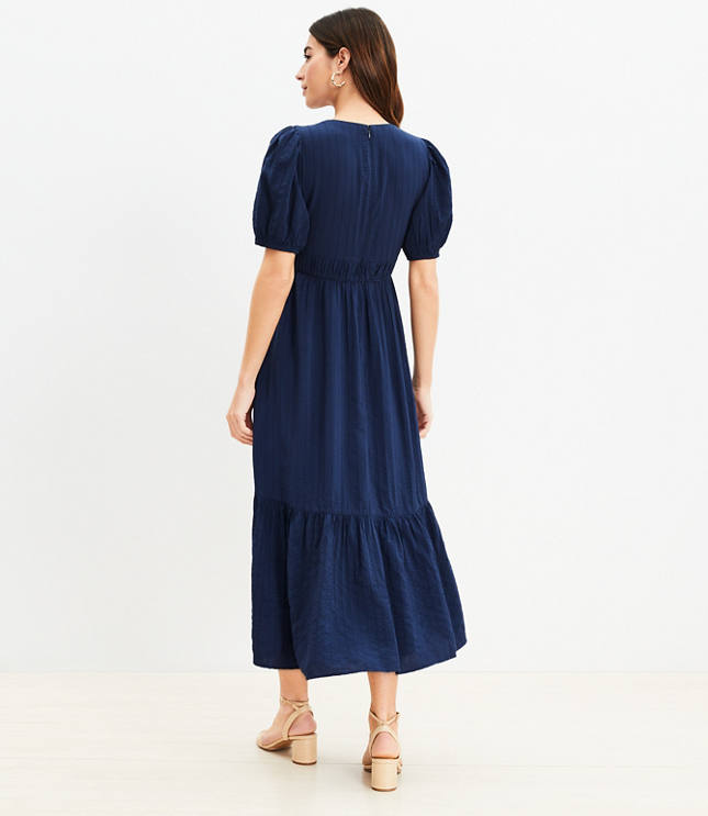 Textured Balloon Sleeve Flounce Midi Dress