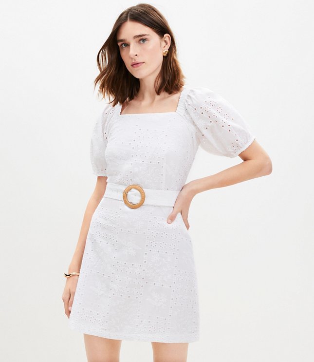 Tall Eyelet Belted Square Neck Mini Dress