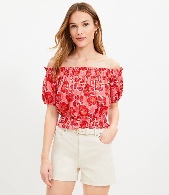 Floral Crinkle Jacquard Off The Shoulder Top