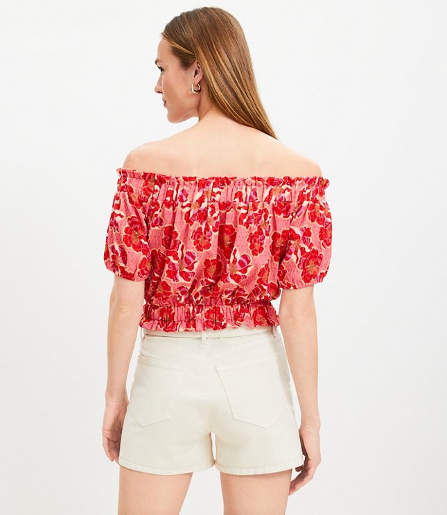 Floral Crinkle Jacquard Off The Shoulder Top