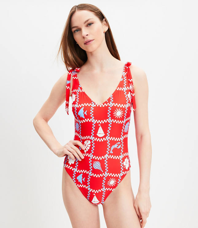 LOFT Beach Plumeria Front Tie Keyhole One Piece Swimsuit